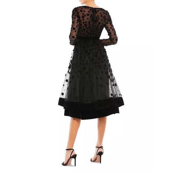 MAC DUGGAL Black Velvet 3-D Floral Embellished Sheer Fit Flare Dress Size 6 - Picture 3 of 9